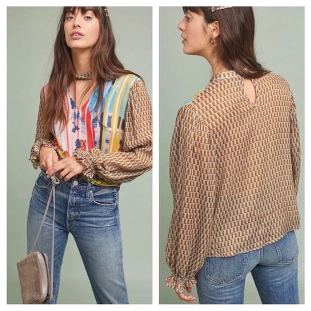 Anthropologie Conditions Apply Retro Colorful Floral Peasant Blouse Size S